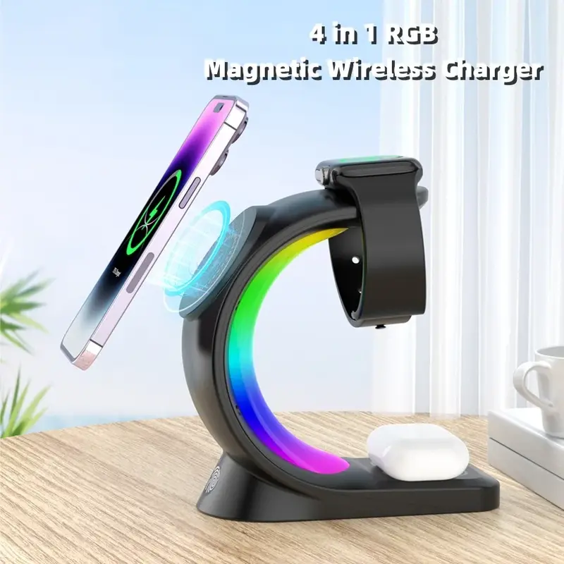 4 In 1 Magnetic Cord-Free Electronic Charger Station - Quick Charge, Color Changing Ambient LED RGB Lamp, Automatic Light, Smartphone Protection for Cellphones, Wireless Earbuds, Smart Watches, Universal Fit, Touch Sensor