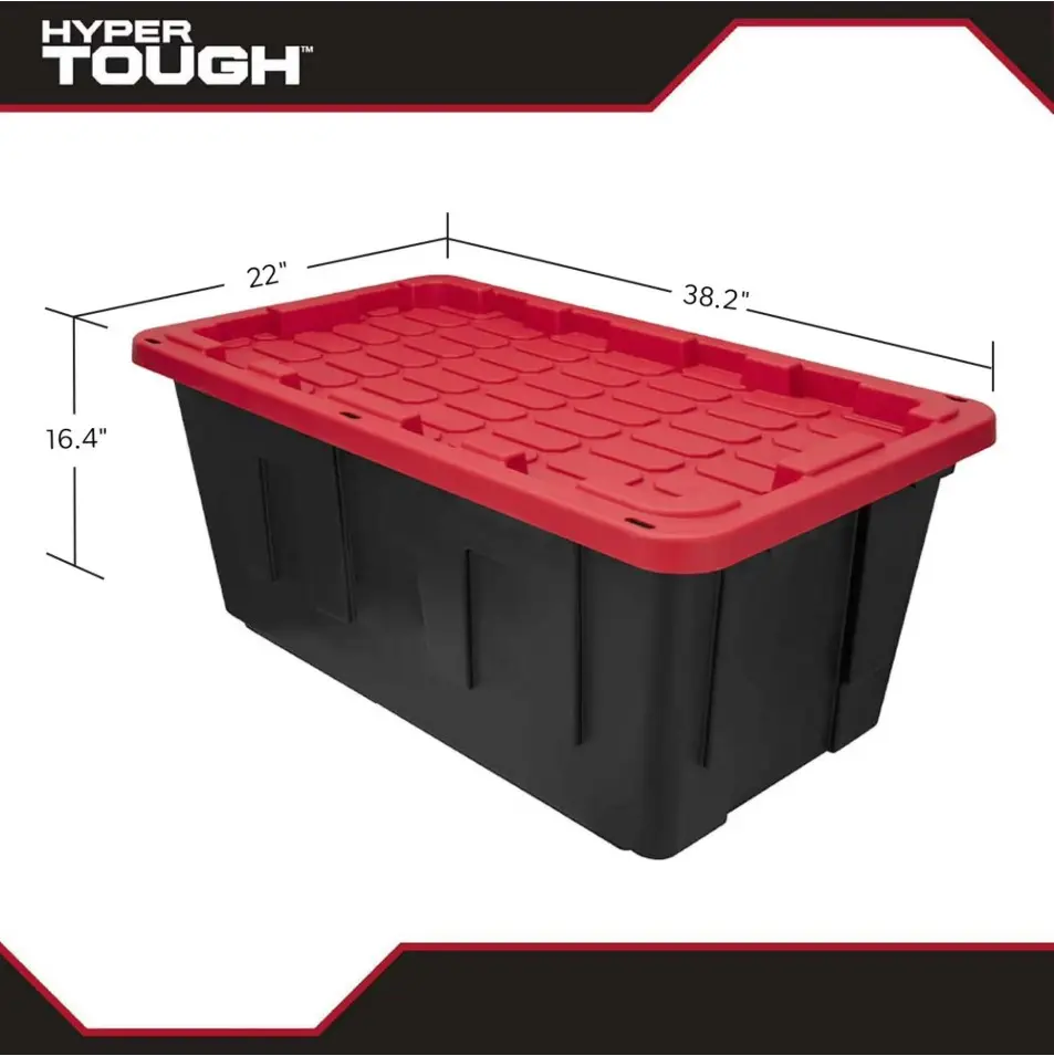 (Pack of 2) 40 Gallon Extra Large Storage Bin with Snap Lid, Black and Red, Heavy Duty Plastic Storage Container