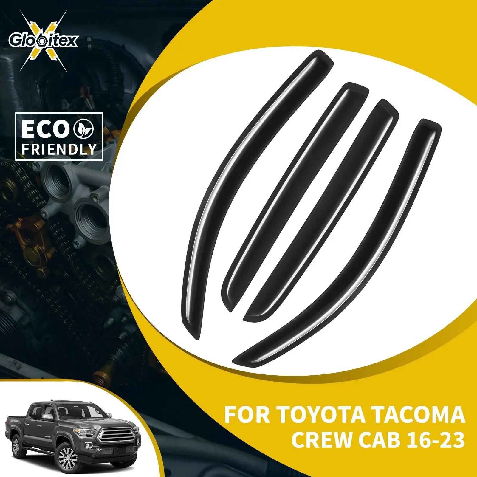 4× Window Visors for Toyota Tacoma Crew Cab 2016-2023, Front/Rear Set Low-Profile OEM-Style In-Channel No-Drill Sun Rain Guards, All-Weather Vent Mount Wind Deflectors, Sun Visor Extender for Car with Double-Sided Adhesive Tape for Rain Protection