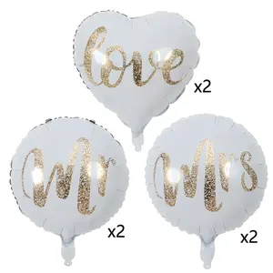 6pcs Mr & Mrs Love Heart White Gold Foil Balloons Set, Wedding Engagement Bridal Shower Anniversary Seasonal Celebrations Decor