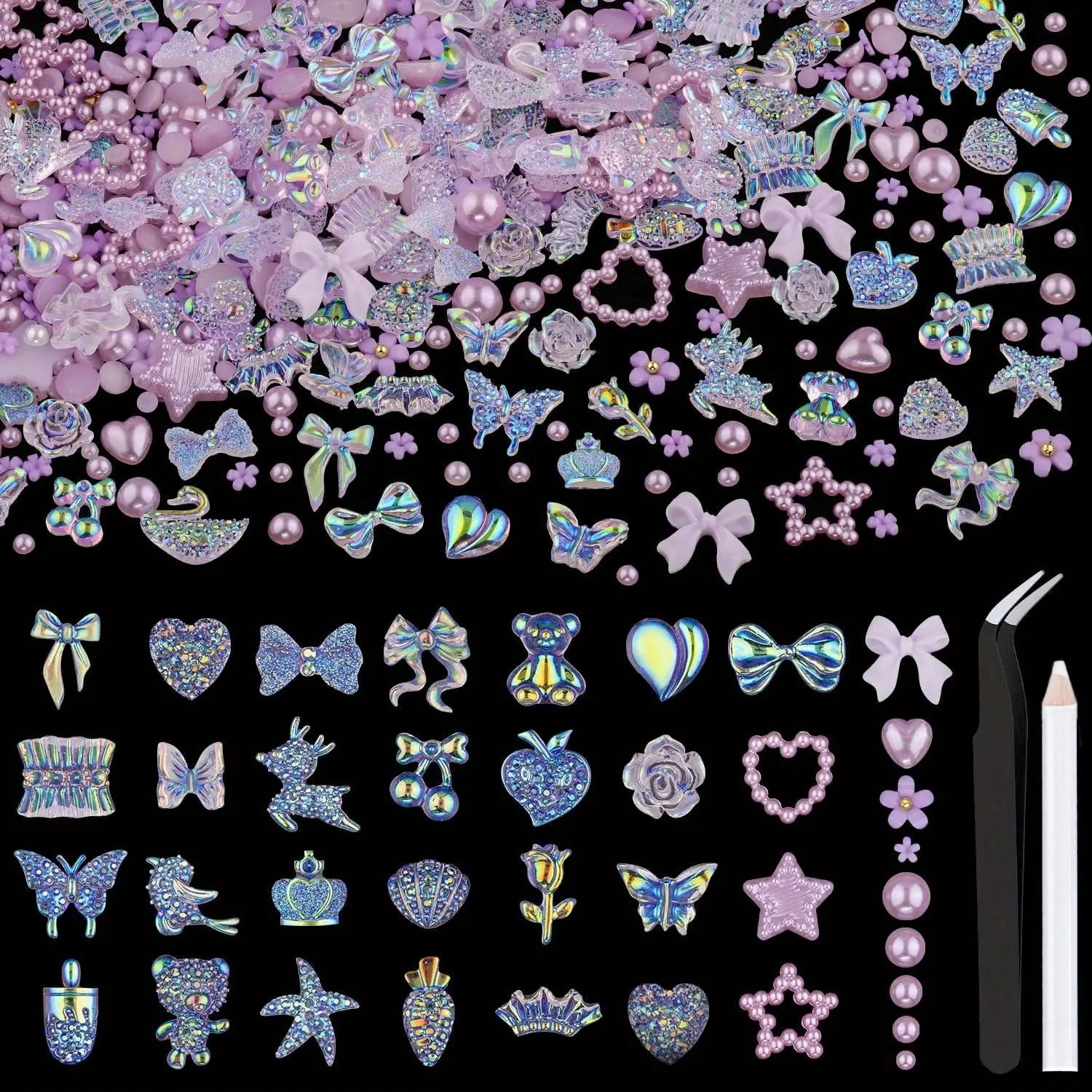 3D Nail Charms, 150pcs/set Butterfly Bow Star Heart Bear Shiny Jewels with 3D Flowers and Flat Pearls, Cute Charms for Nail Art Decoration, DIY Nail Art, Nail Art Supplies, Nail Art Accessories, Christmas Gift