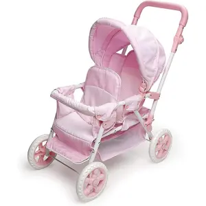 Double Front to Back Stroller for Dolls - Lightweight Foldable Toy Pram with Gingham Fabric Canopy and Storage Basket Fun Pretend Play for Kids Ages 3 and Up - Pink