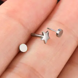 OUFER BODY JEWELRY 16G G23 Titanium Threadless Push Pin Star Heart Flat Back Clean Disc Stud - Female Cartilage, Nose, Lip Earrings for Daily Wear Nose Jewelry, Threadless Earrings, Threadless Jewelry, Star-Themed Earrings