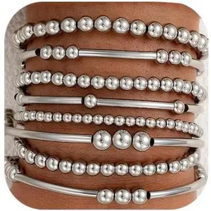 Beaded Bracelets Set for Women, 3-12Pcs Boho Trendy Simple Stretch Bracelet Stack Ball Beaded Tube Bangle Bracelet  Set for Gifts