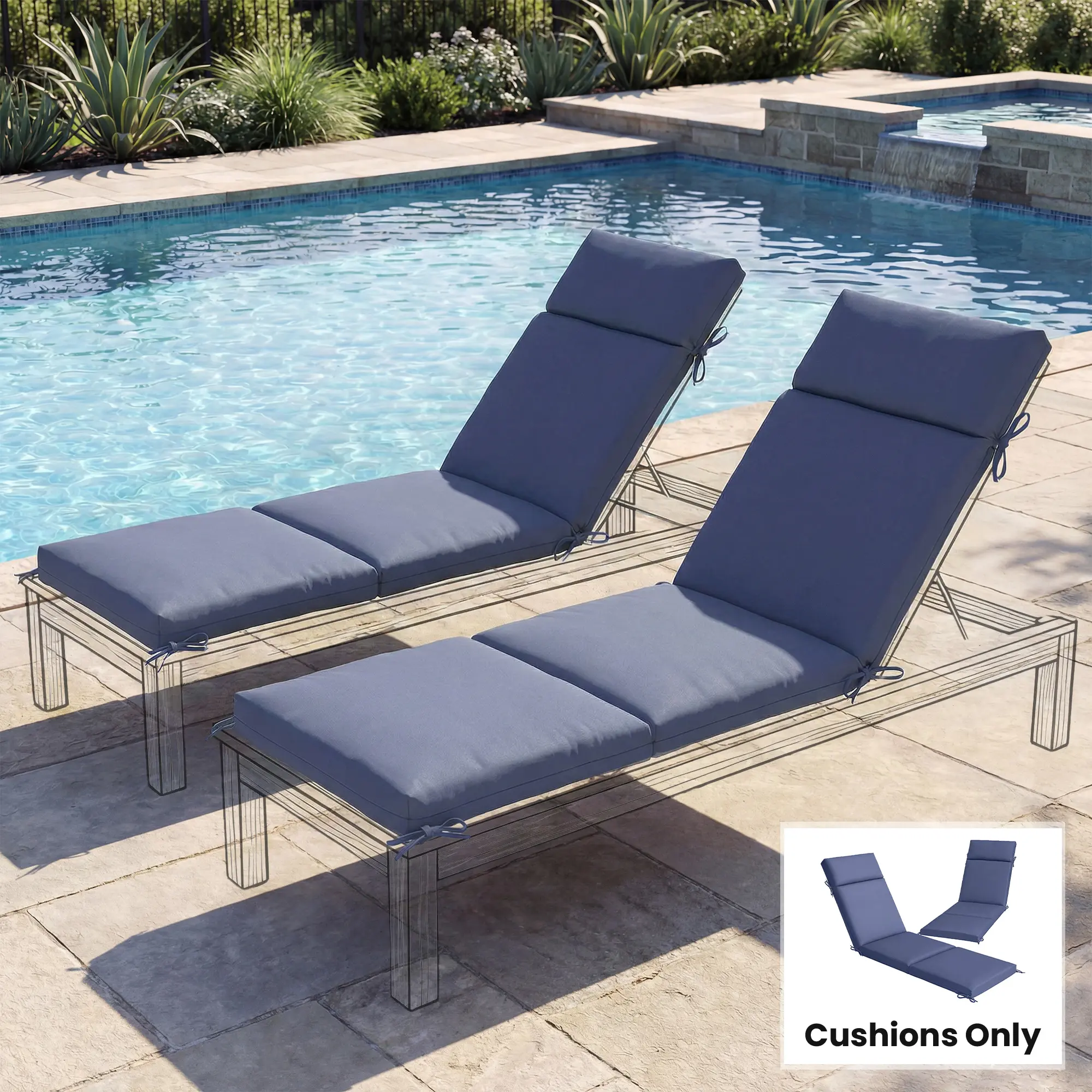 2 Pack Navy Blue Outdoor Chaise Lounge Cushions 72x21x2.6 Inch with 6 Ties High Density Foam Water Repellent UV30+ for Patio Pool Beach Garden Lounge Chair Set