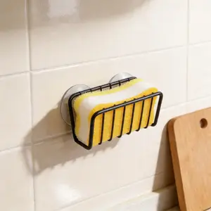 Rectangle Stainless Steel Kitchen Sink Sponge Organiser - Rust-Resistant Matte Black Rack with 4 Strong Suction Cups, Smooth Open Design for Easy Cleaning & Drainage, Durable Multi-Purpose Plastic Holder for Soap, Sponge, Dish Pad, Drain Stopper