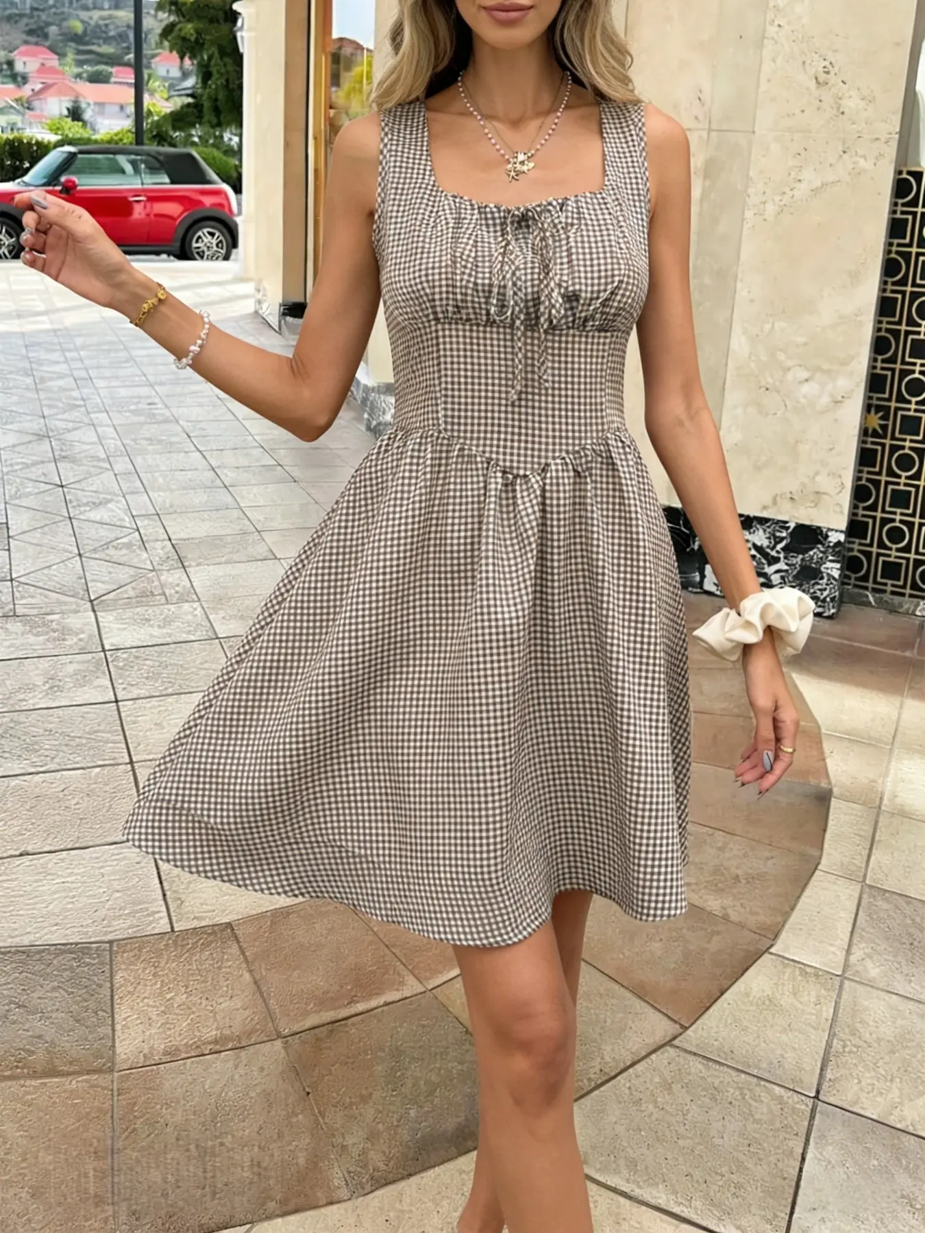 Spring Summer Elegant Gingham Women's Dress, Square Neck Sleeveless Tie  Front Waist Cinched Commuter Date A-Line Short Skirt - TikTok Shop