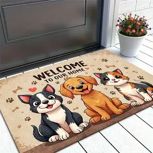 1PC Cute Cartoon Dog Cat Welcome Mat, Non‑Slip Machine Washable Polyester Rug, Paw Prints & Hearts Design, Durable Indoor Outdoor Entrance Mat, All Seasons Easy Clean Home Decor