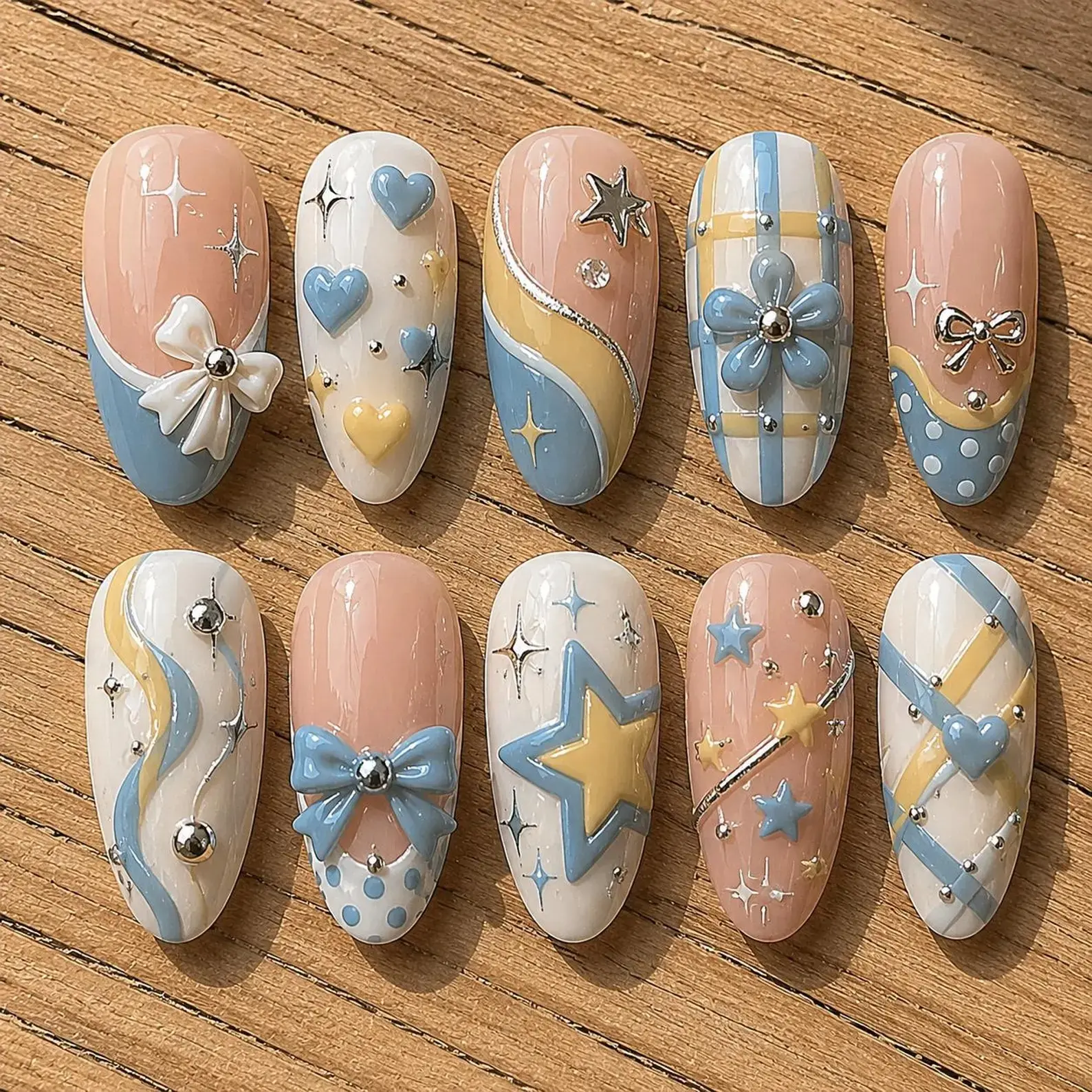 Pastel Blue Yellow 3D Nail Art Set With Bows, Hearts, Stars, Plaid, Polka Dots, Coquette Handmade Press-on Nails - Etsy Vietnam
