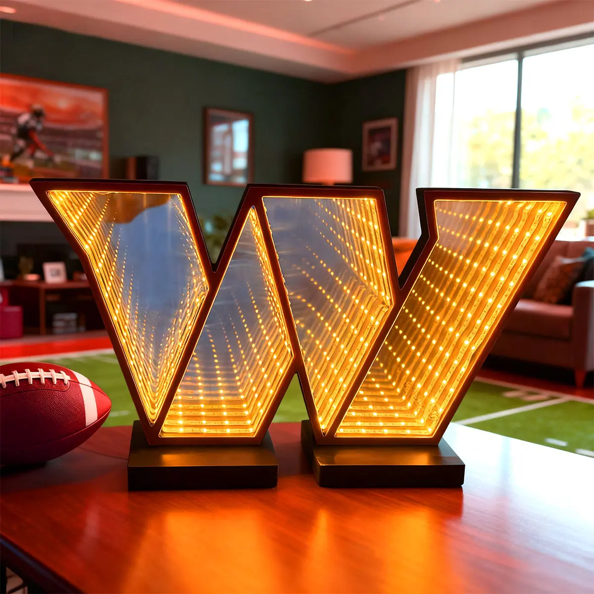 Commander Football Neon Sign Football Infinity Mirror LED Light for Desktop Table Setup Rugby Team Neon Sign USB Powered Wall Decor for Man Cave Dormitory Bar Club Birthday Gifts for Rugby Fans-Father's Day