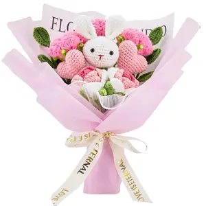 Mother’s Day Gift, YShomy Handmade Crochet Flower Bouquet with Cute Crochet Bunny & Pink Flowers, Graduation Gift, Birthday, Anniversary Gift for Her, Girlfriend, Wife, Friend, Includes Card, Easter Gift, Decorative Plants