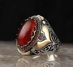 Men's Retro Handmade Turkish Red Agate Gemstone Two Tone Ring