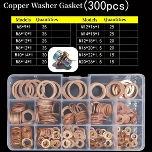 300pcs High Purity Copper Gaskets Box Set, Heat Resistant Sealing Washers, Flat Copper Spacers, Industrial Grade Components