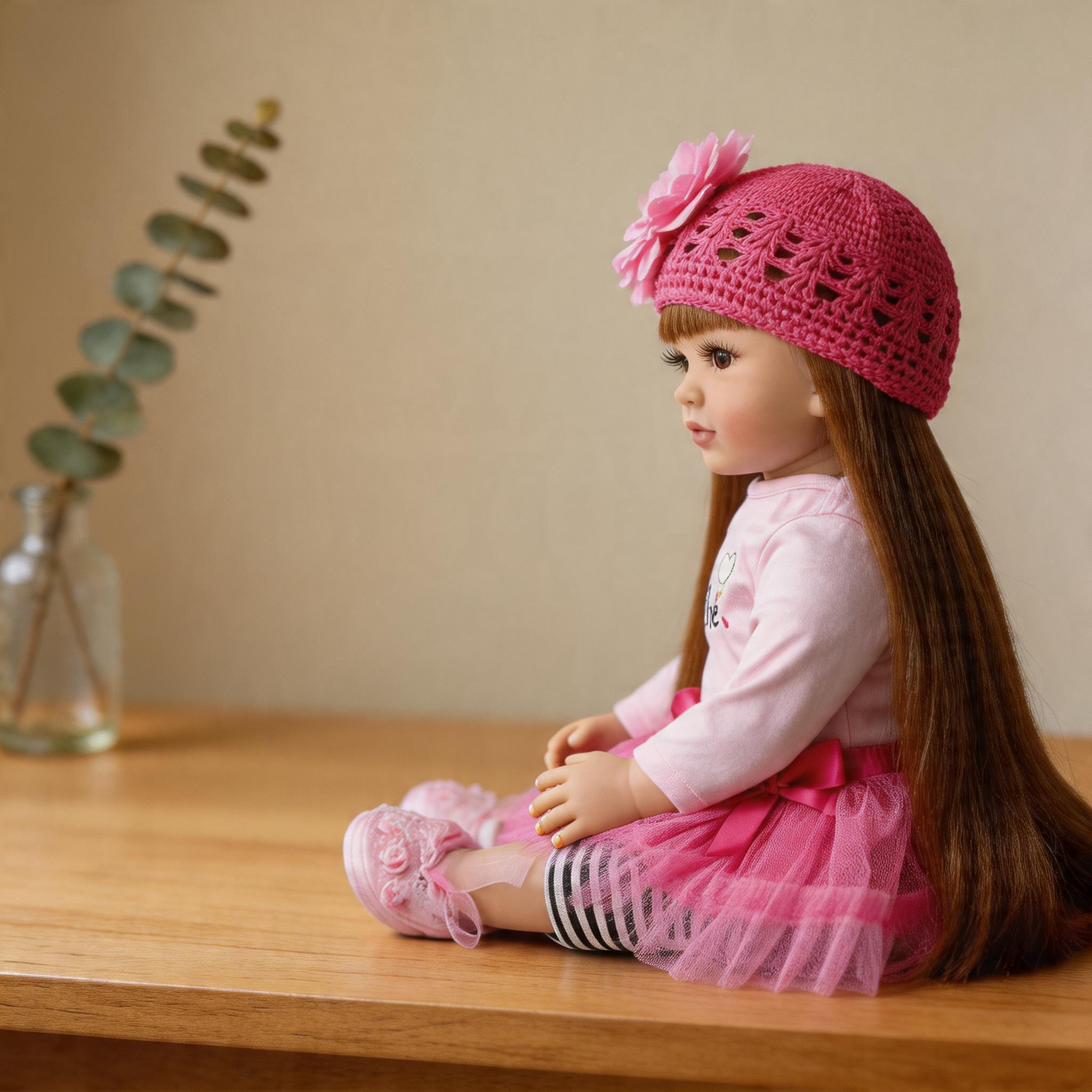 22-Inch (55 cm) Reborn Doll — Featuring Beautiful Large Eyes, a Pink Dress, and a Matching Hat. An Ideal Companion Doll, Perfect for Holiday or Birthday Gifts.