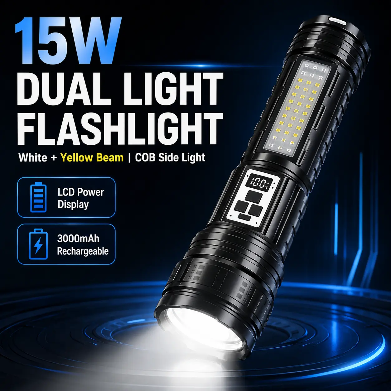 Rechargeable Strong Bright LED Torches - Large Size, Dual-Color LED Lights, 15 Modes, COB Lights, Portable Phone Charger, Tactical Accessories, Zoomable Design, Waterproof, Handheld Device, Battery Level Display - for Fishing, Night Security