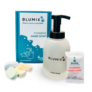 Blumix Foaming Hand Soap Starter Kit - 4 Fragrant Tablets & Reusable Glass Pump Dispenser - Eco-Friendly, Non-Toxic, Pthalate-Free, Ammonia-Free, Skin-Friendly Formula - Calm Lavender, Misty Eucalyptus, Dreamy Vanilla, Sweet Orange Scent - Scented