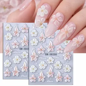 2 Pcs Embossed Floral Nail Art Stickers, 3D Elegant Lily Spring Theme Design Flower Nails DIY Nail Decals with Glossy Finish, Suitable for Women and Girls
