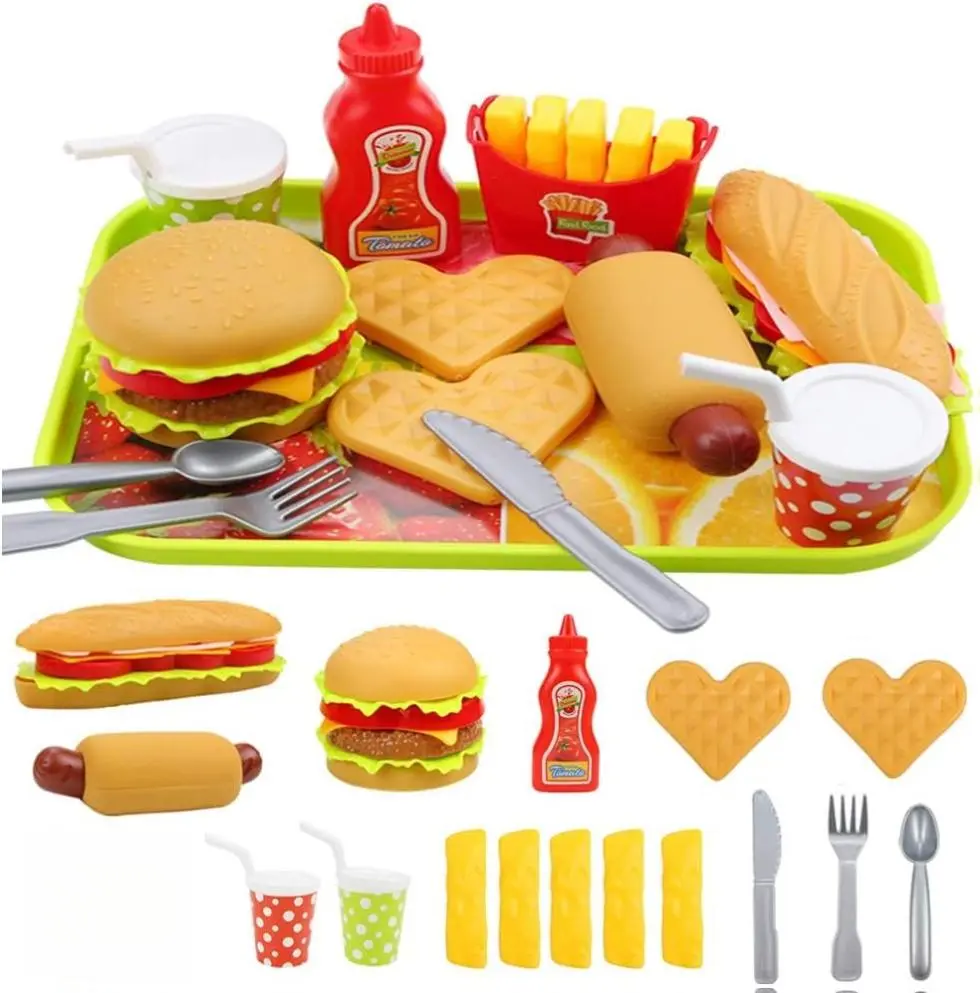 Pretend Play Fast Food Set, Play Food for Kids Kitchen - Play Kitchen Accessories - Toy Foods with Play Burger and Hot Dog Plastic Food for Pretend Play, Kids Toddler Childrens Birthday Gifts
