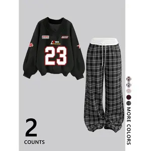 Women's Two-Piece Set V-Neck Sweatshirt & Branch Print Pants, Sexy Streetwear Hip Hop Dance Biker School Fashion, Youth Casual