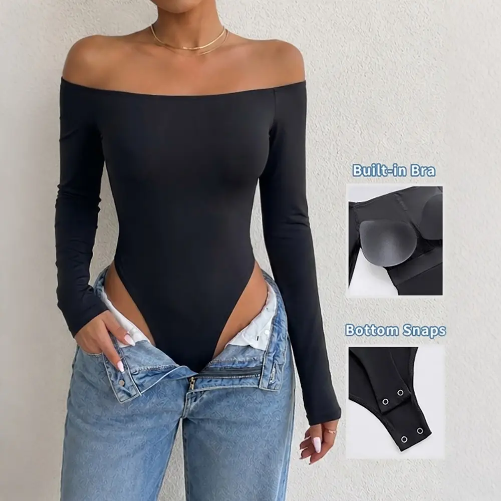 CHICME Women's Off Shoulder Bodysuit Minimalist Long Sleeve Sexy Slim Fit Bodysuit with Built-In Bra CHICME Women's Off Shoulder Bodysuit Minimalist Long Sleeve Sexy Slim Fit Bodysuit with Built-In Bra