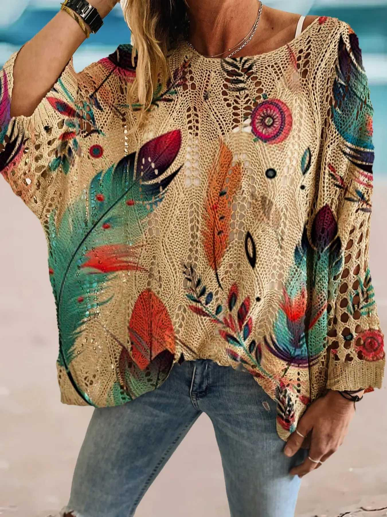 Women's Feather Printed Long Sleeve Knit Hollow Out Top, Casual Elegant Vacation Style Sweater, Loose Batwing Shoulder Design, Spring Fall Fashion