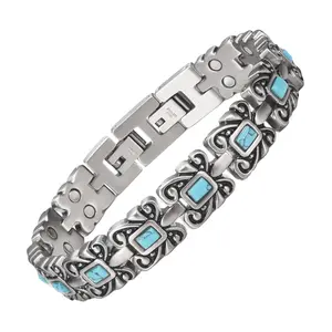 City Fashion Magnetic Blue Turquoise Stainless Steel High Quality Bracelet for Women & Men, Adjustable Size with Sizing Tool, Unisex Jewelry Gift Idea