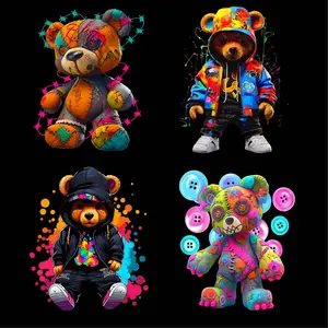 4 Piece DIY Cool Bear Heat Transfer Stickers, Perfect for T-Shirt Making, Pillow Decoration, Clothing Accessories, Crafts