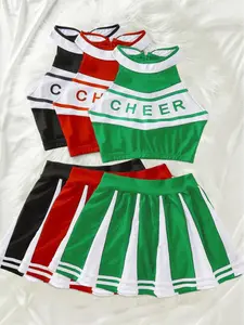 Women's Color-Block Sexy Cheerleading Uniform Set: Cheerleading Crop Top and Skirt, Women's Sexy Lingerie Set, Suitable for All Seasons