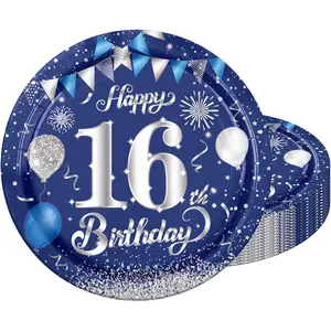 20Pcs 9 Inch 16th Disposable Birthday Plates Sweet 16 Blue & Silver Theme Tableware Dessert Plate Set Heavy Duty Paper Plates Cool Teen Party Decorations Supplies for Boys and Girls