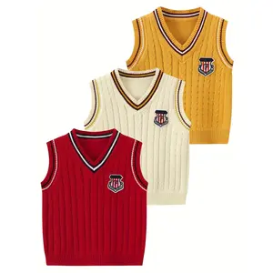 Boys' 3-Piece Knitted Vest Set - Cute Boys' Vest, Sleeveless V-Neck Sweater with Letter P Badge, Ribbed Texture, Beige/Red/Yellow, Ideal for Autumn Winter Layering