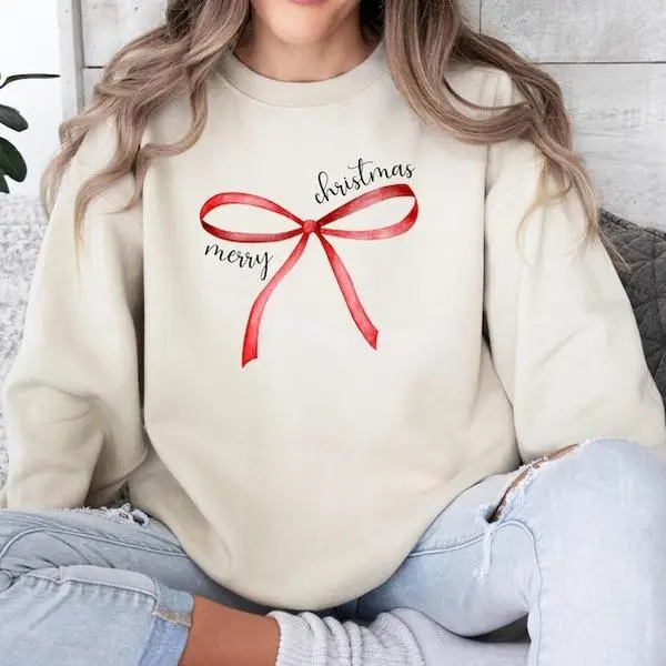 Red Bow Coquette Christmas Sweater, Merry Christmas Bow Sweatshirt, Holiday Bow Sweater, Unisex Shirt, Gift For Her, Full Size, Full Color