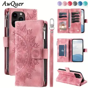 Artificial leather phone cases, specifically designed for iPhone 16E, 16, 15, 14, 13, 12 Mini, 11 Pro, X, XS Max, XR, 8, 7 Plus, SE, 5G. They feature embossed floral designs, flip wallets with card slots, stands and wrist straps for phone protection.