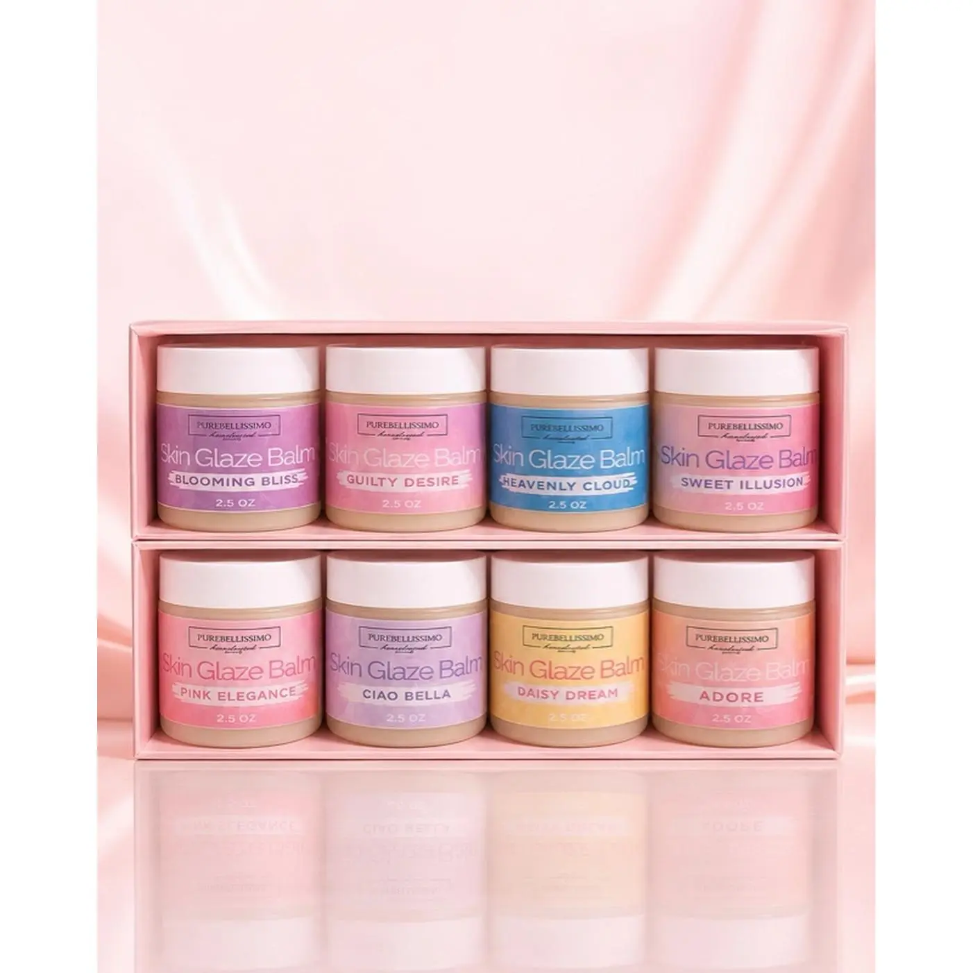 Purellumina Skin Glaze Balm Collection set of 8- Blooming Bliss, Guilty Desire, Heavenly Clouds, Sweet Illusions, Pink Elegance, Diao Bella, Daisy Dream, Adore, 2.5 oz EACH, 20 oz