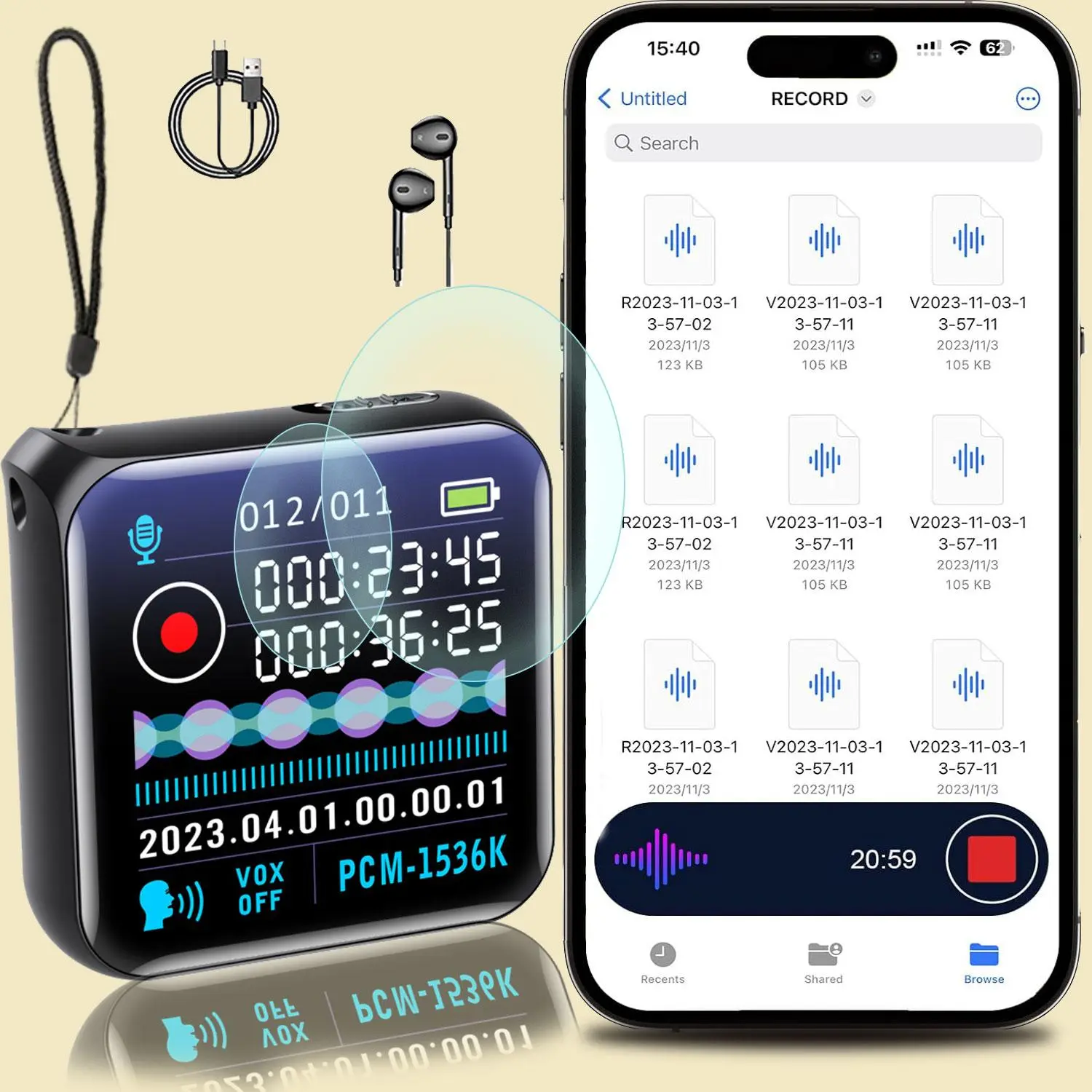 Smart recorder: voice to text, clear sound quality - one-touch recording, simple operation, large memory, smart