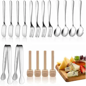 Charcuterie Board Accessories 18 Pcs Silver Stainless Steel Spreader Knives Set Include Mini Serving Tongs Cheese Butter Knives Spoons Forks Honey Dippers
