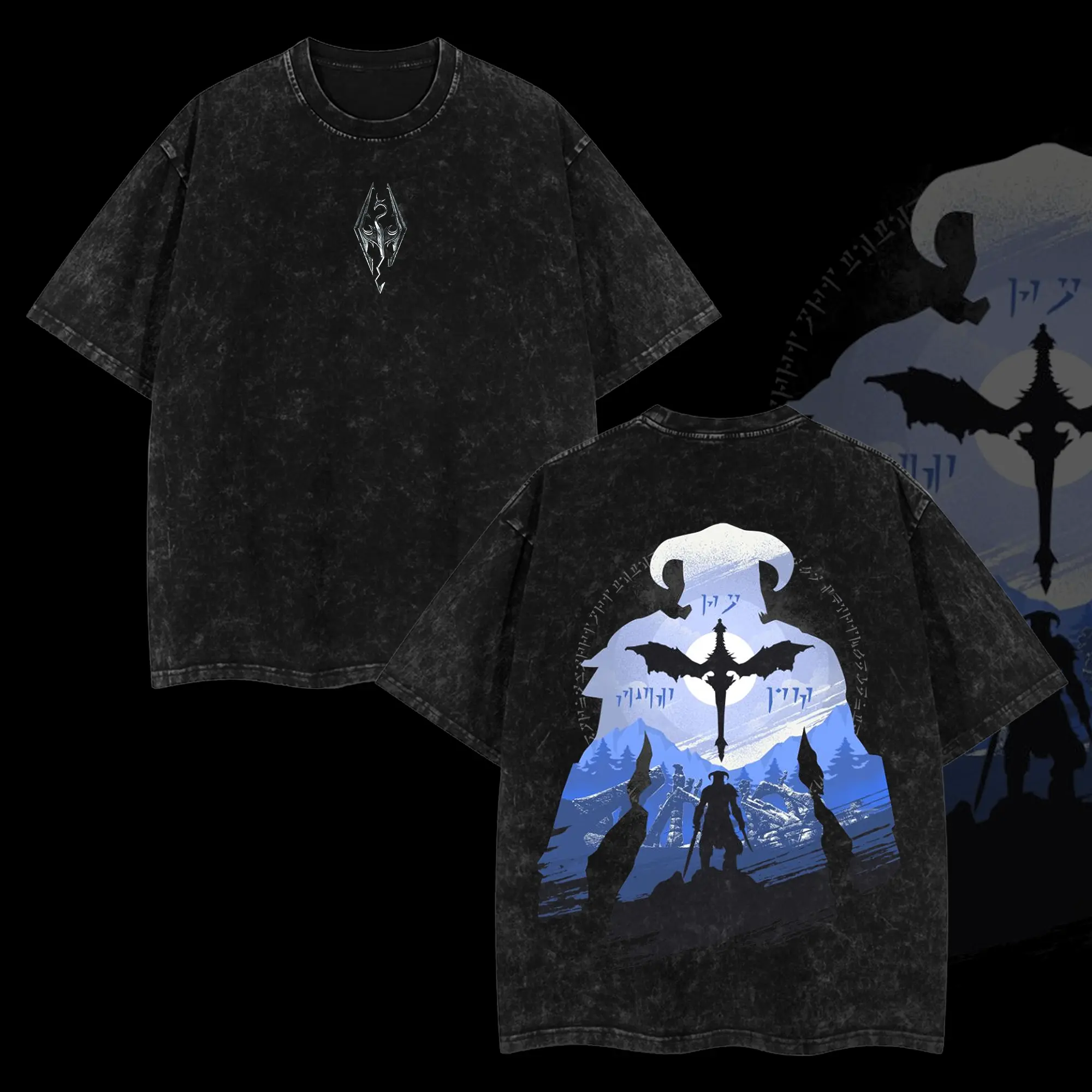 The Elder Scrolls V: Skyrim Double Printed Oversize Lightweight Acid Washed Tee Game Graphic T-Shirt for Men Casual Day Wear Cotton Fabric - Jeans Vintage Gaming Retro Black Tee Oversized Heavyweight Cotton T-Shirts Love Menswear