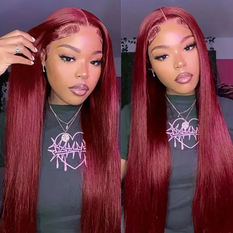 Bling Hair Straight 99J Burgundy 13x4 13x6 Lace Frontal Human Hair Wigs HD Transparent Lace Melt All Skins Red Wig Raw Virgin Hair backtoschool