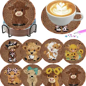 8 pieces/set animal cow pattern diamond painted coaster set Sparkling rhinestone heat-resistant beverage mat with holder DIY coaster beginner, diamond set craft supplies, artificial diamond art craft supplies gift Diamond Painting Coasters
