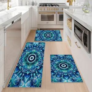 1/2/3PCS Bohemian Kitchen Mats, Blue Mandala Flower Printe Pattern Kitchen Rugs, Non-Slip Easy Clean Floor Mats for Kitchen, Bathroom,Doormat.Pineapple Texture Design Home Decor