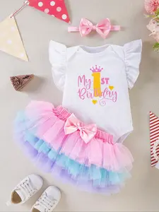 Three-Piece Set Baby Girl's Letter Print Tee & Colorblock Tiered Layer Skirt & Bow Decor Hair Band Set, Cute Butterfly Sleeve Round Neck Top & Tutu Skirt & Hair Band, Infant Toddler Kids Birthday Party Outfits Gift Set