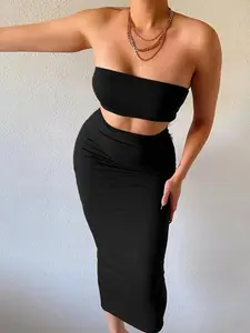 Women 2 Counts Solid Backless Crop Tube Top High Waist Skirt Set Sleeveless Strapless Top Bodycon Skirt Set for Party Club Dating Ladies Summer Clothes