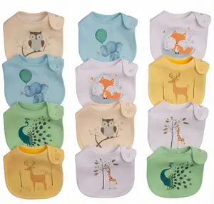 12 Pack Waterproof Cotton Baby Bibs – Adjustable Snap Absorbent Drool & Teething Bib Set, Unisex Feeding Bibs for Boys & Girls, Infant Essentials bibs Organic
