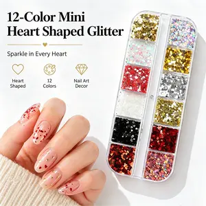 12-Color Mini Heart Shaped Glitter Sequins, Sparkle Nail Flakes for Nail Art, Phone Case DIY & More
