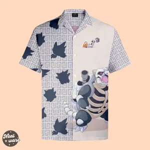 Skeleton Blastoise Hawaiian Shirt With Pokemon motif - Summer Vacation Gift for men, him - Menswear, Collar, Fabric, Loose, Wood Button, Short Sleeve Casual Soft