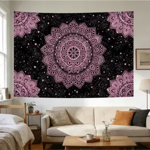 Mandala tapestry with purple wreath pattern, pink background with black border and exquisite star design. Suitable wall decor for bedroom, living room, meditation area, office and party