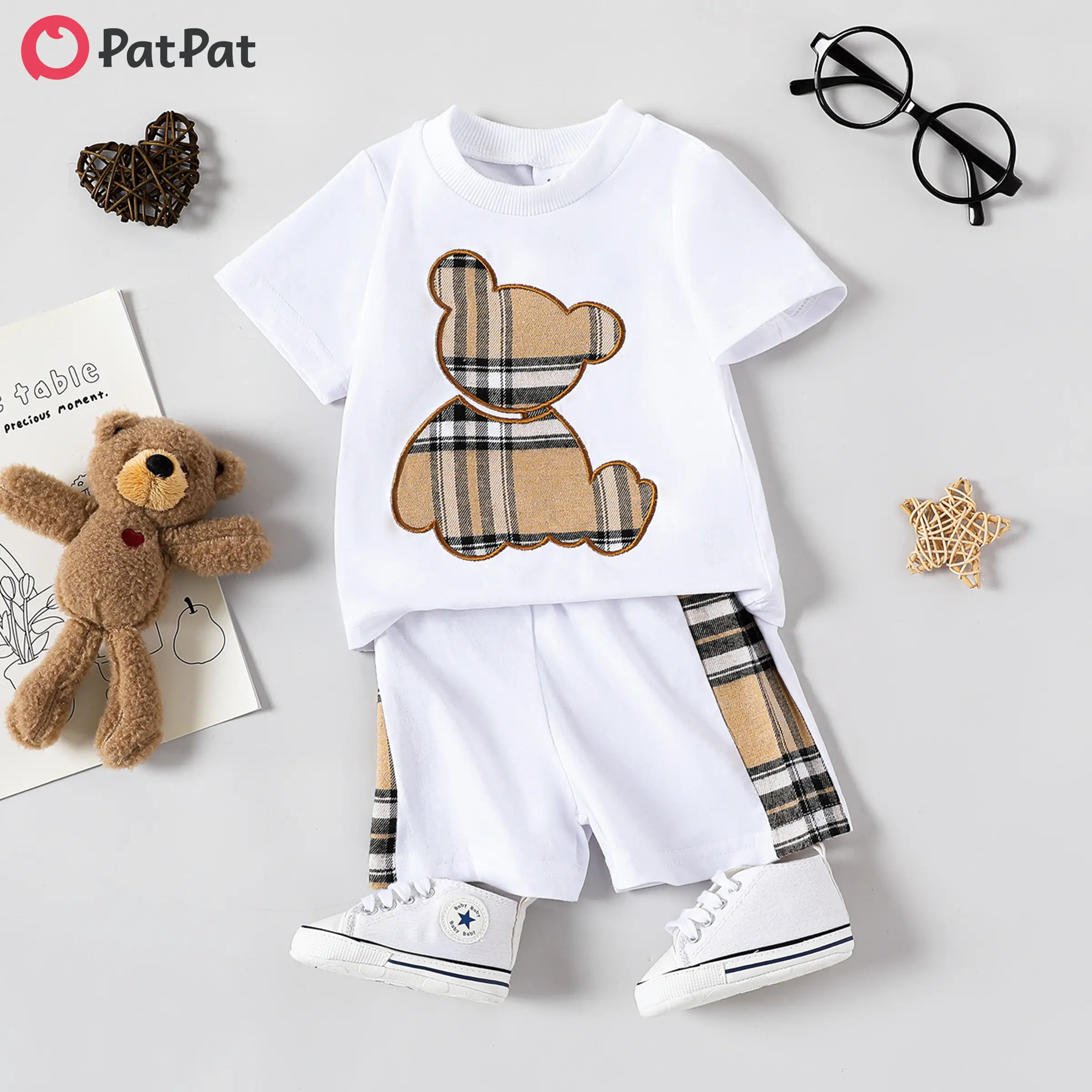 PatPat Bear Style - 2pcs Baby Boy Plaid Bear Graphic Short-sleeve Tee & Shorts Set