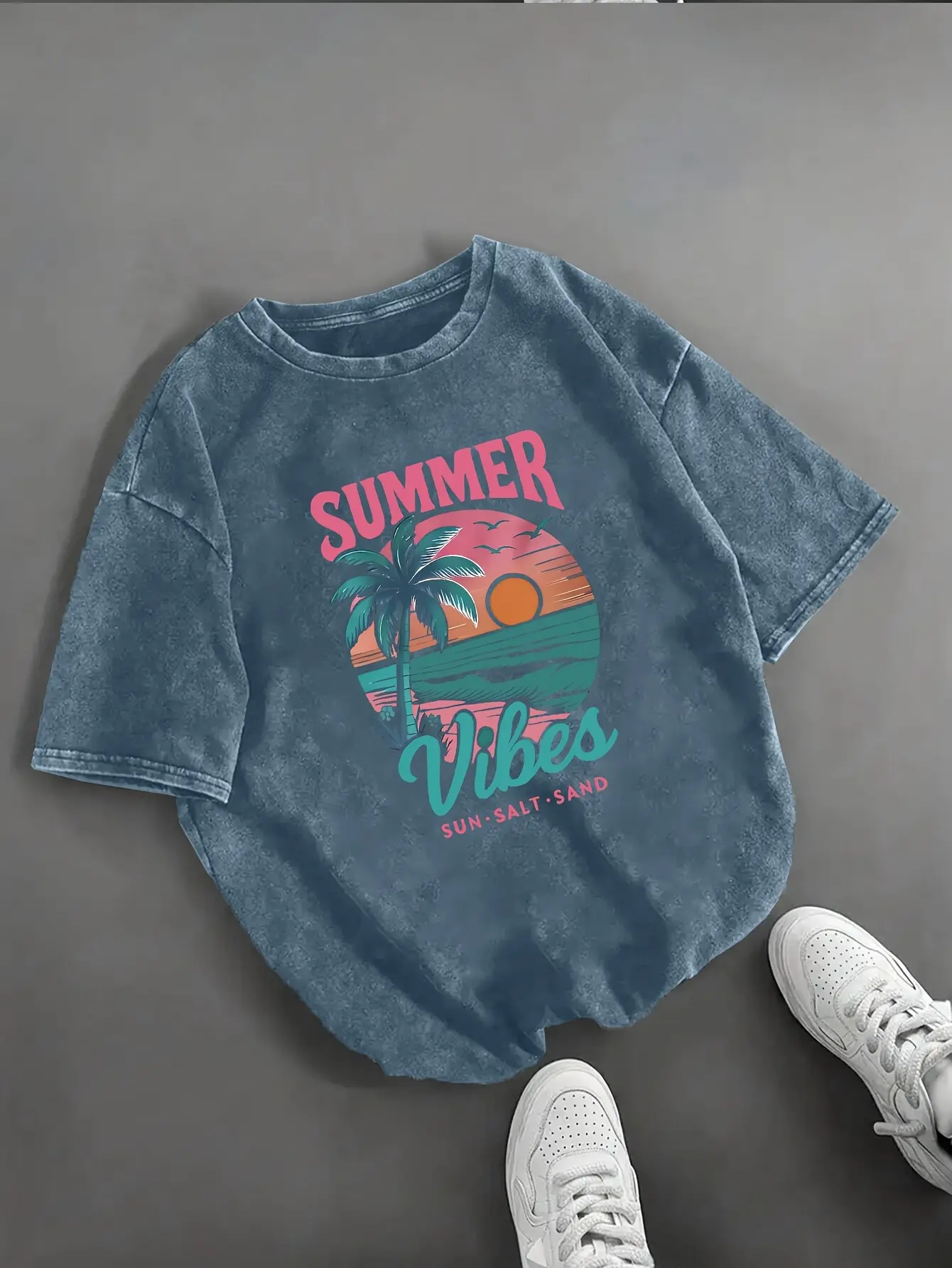 Soft Pink Turquoise Palm Tree Print Women'S Round Neck Short-Sleeve Retro Casual Everyday Washed T-Shirt