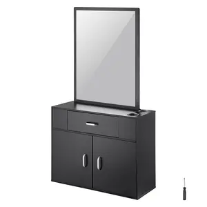 VEVOR Salon Organizer,  Wall-Hanging Unit for Hairdressers, Complete with 3 Holders, Mirror, Dual-Door Storage, and Single Drawer, Black
