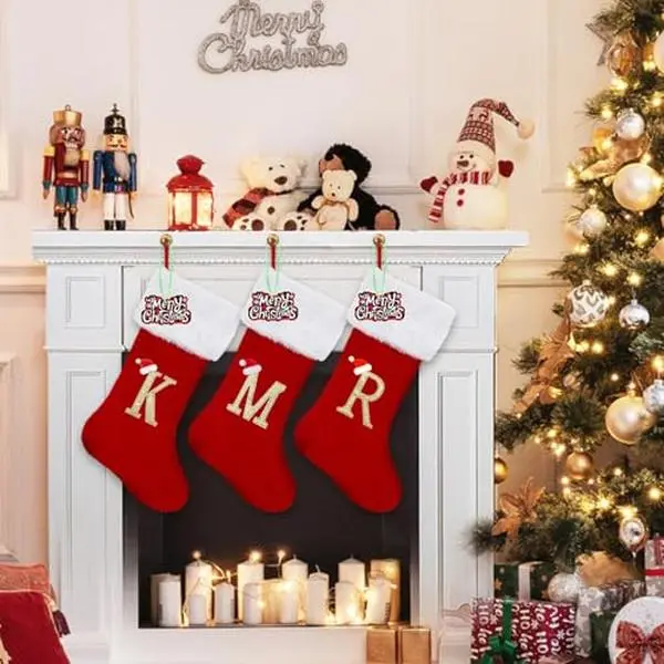 Personalized Monogram Christmas Stocking, 20 Inches Family Initial Xmas Stockings, Super Soft White Plush Cuff with Deluxe Red Velvet Body and Gold Letter(J)