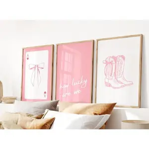 How Lucky Are We, Coastal Cowgirl Print, Girly Western Wall Art, Coquette Bow Boots, Light Pink Cute Poster, Trendy Dorm Decor, Set of 3